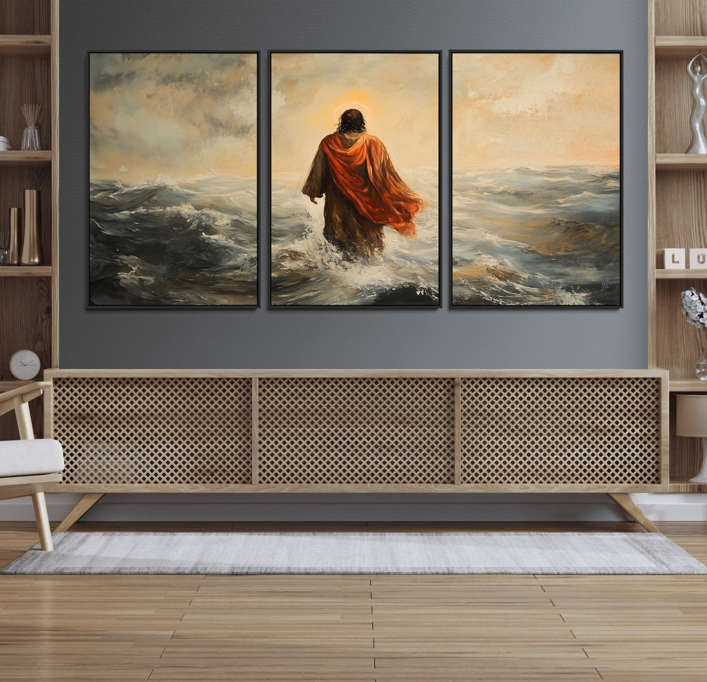 33344-MGV-FC-60X30-3P_Black-Jesus Walking on Water, Christian Wall Art, Jesus Christ Walking on Oil Painting Style Print