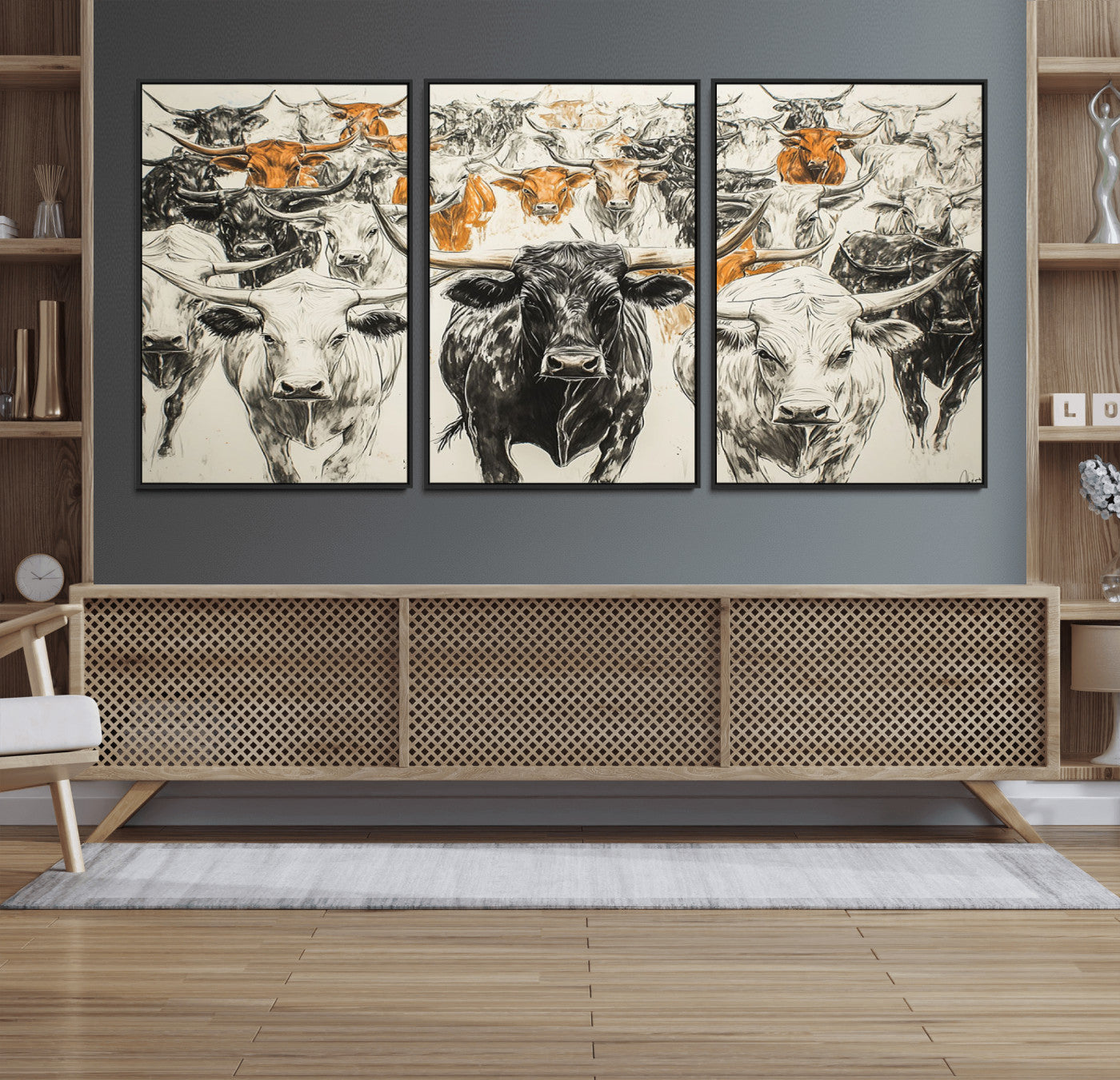 79794-MGV-FC-60X30-3P_Black-Texas Longhorn Wall Art Canvas Print – Herd Abstract Cow Drawing Western Ranch Animal Artwork for Home, Office