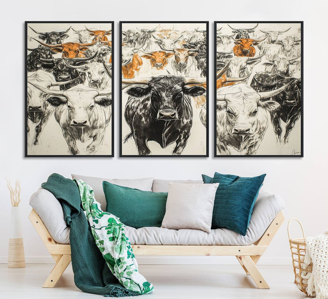 Texas Longhorn Wall Art canvas features cattle artwork with an abstract design, perfect for farmhouse decor on a porch.