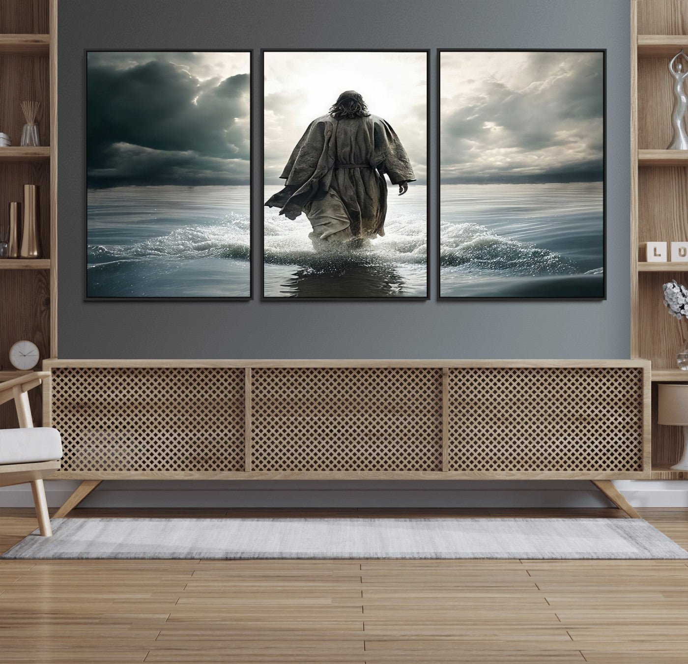 62787-MGV-FC-60X30-3P_Black-Jesus Walking on Water Wall Art | Canvas Print | Ready to Hang | Christian Home Decor | Spiritual