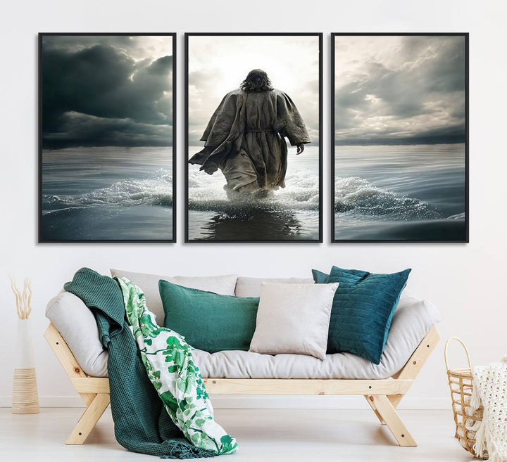 A canvas wall art depicting a figure walking on water beneath dramatic clouds, designed as inspirational religious imagery and ready to hang.