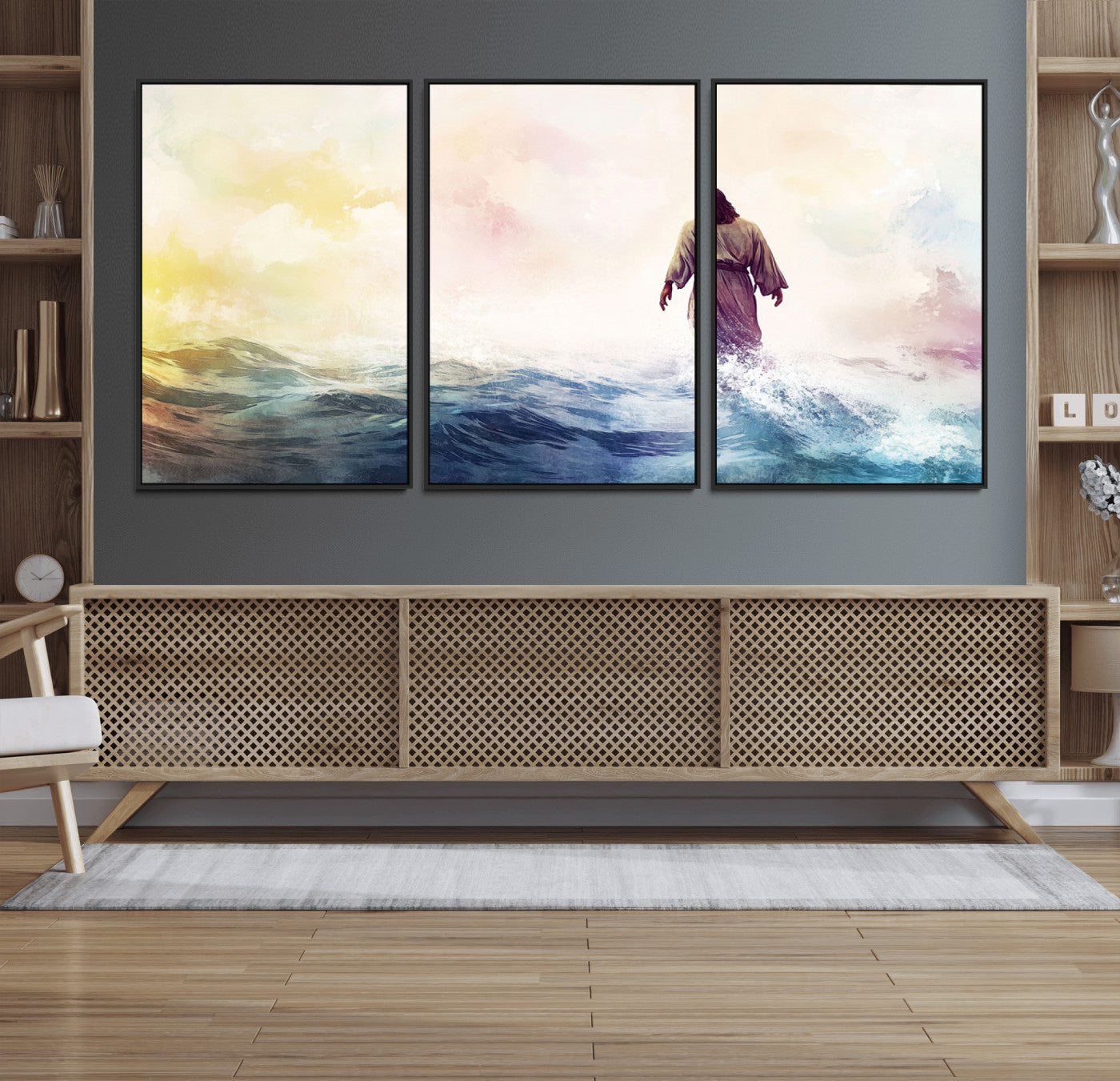 60356-MGV-FC-60X30-3P_Black-Watercolor Jesus Walking on Water Canvas Print, Christian Wall Art, Jesus Christ Walking