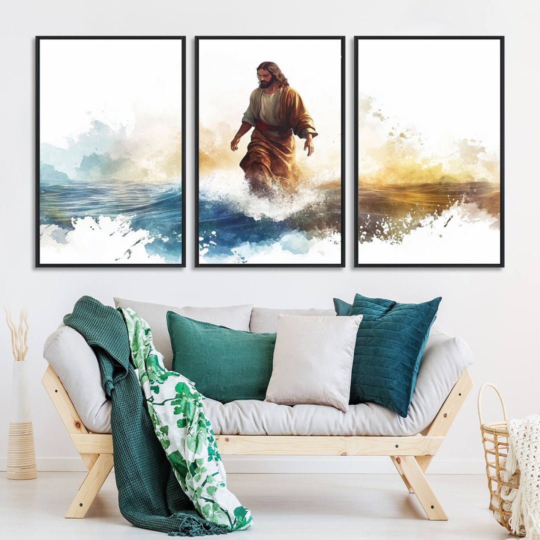 This watercolor canvas print depicts Jesus walking, characterized by abstract splashes against a serene background. It serves as a beautiful piece of Christian wall art.