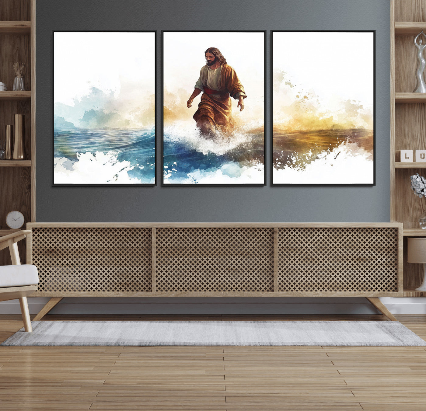 MGV-FC-60X30-3P - Watercolor Jesus Walking Wall Art Print, Jesus Water Canvas Print, Christian Wall Art, Jesus Christ