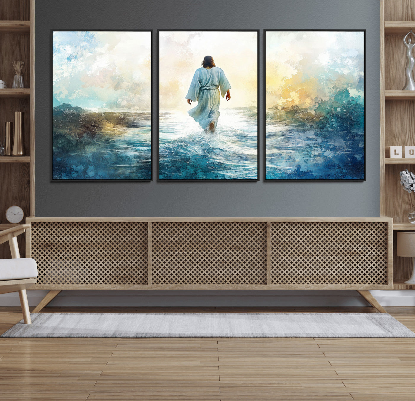60634-MGV-FC-60X30-3P_Black-Watercolor Jesus Walking on Water Canvas Print, Christian Wall Art, Jesus Christ Walking