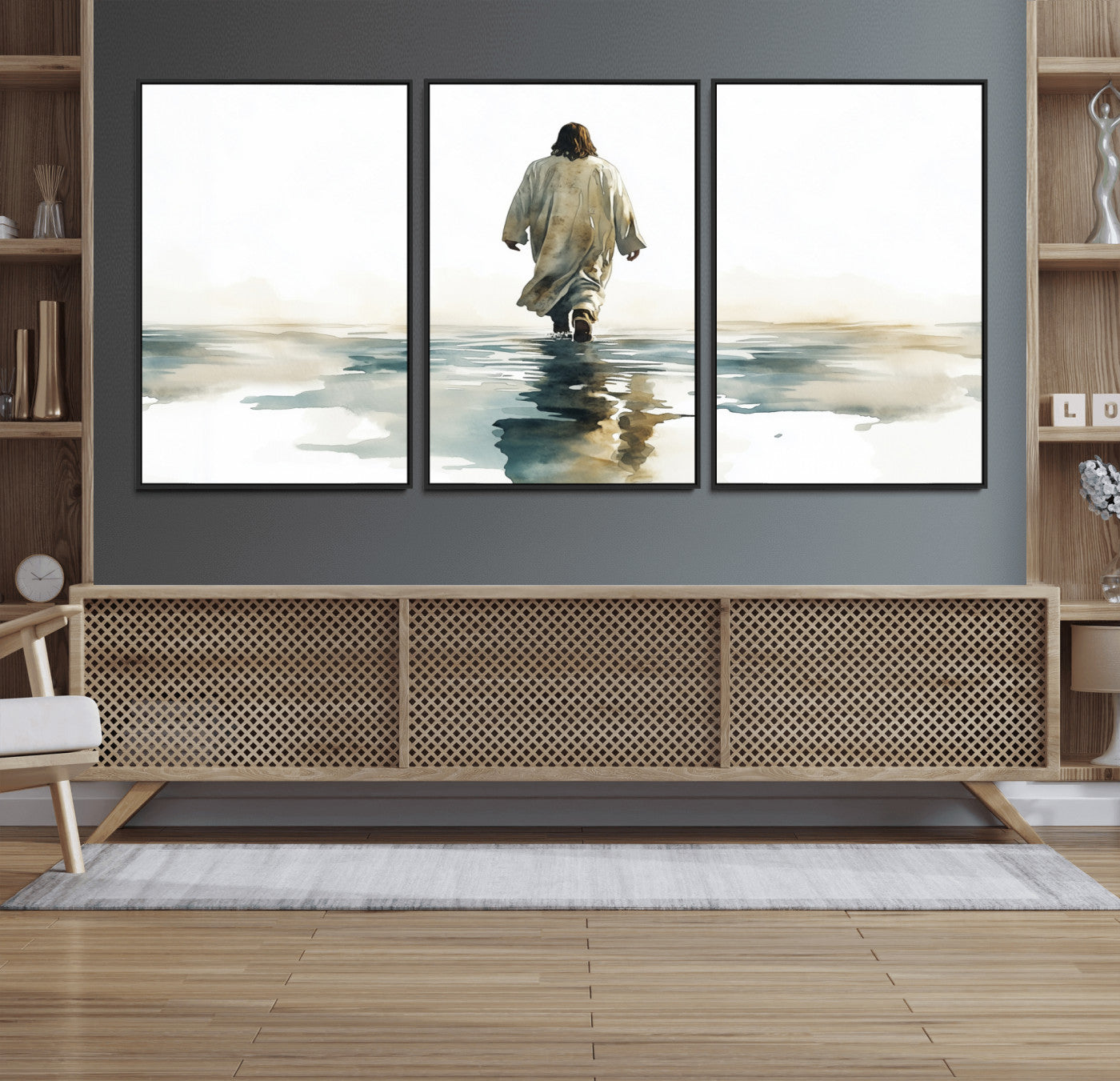 77475-MGV-FC-60X30-3P_Black-Watercolor Jesus Walking on Water Canvas Print, Christian Wall Art, Jesus Christ Walking