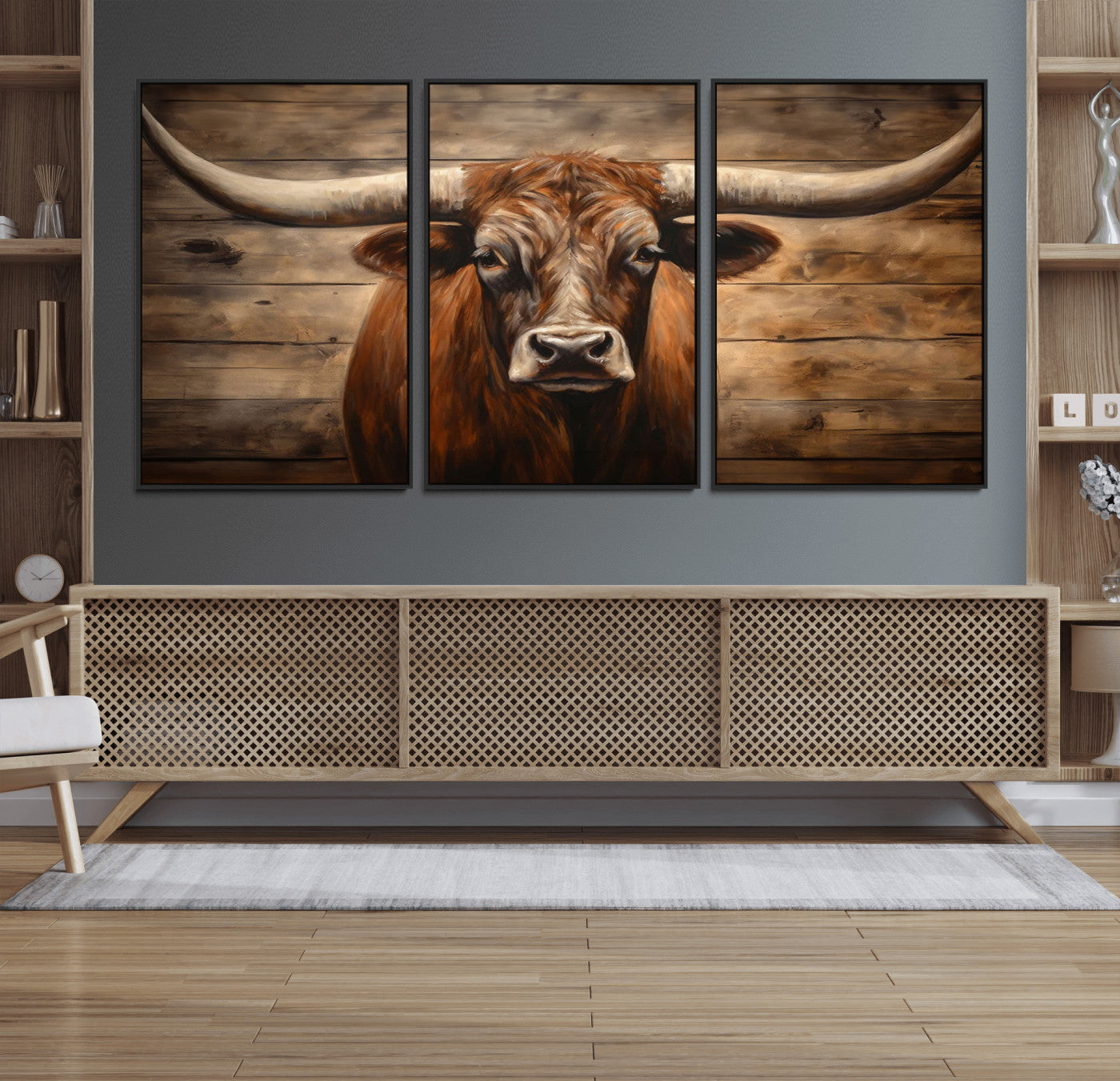 77556-MGV-FC-60X30-3P_Black-Longhorn Bull Wall Art | Canvas Print | Ready to Hang | Rustic Farmhouse Wall Decor | Western Barn