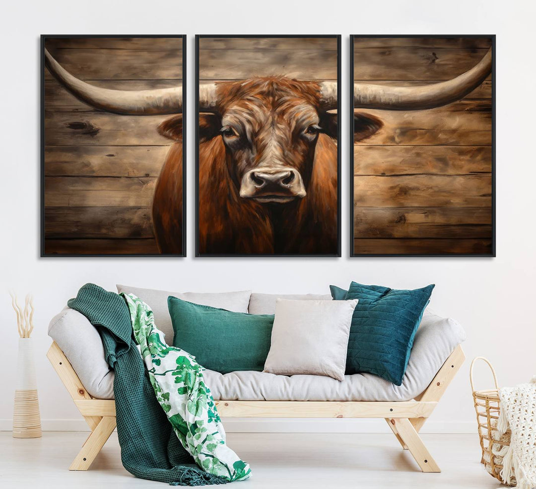 Longhorn Bull Canvas Print: Rustic Farmhouse Decor, Ready to Hang Western Barn Art.