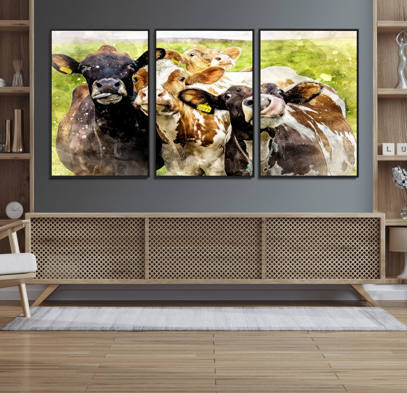 62642-MGV-CV-36X24-Curious Cows Farmhouse Wall Art | Ready to Hang and Framed Canvas Print | Rustic Farm Decor