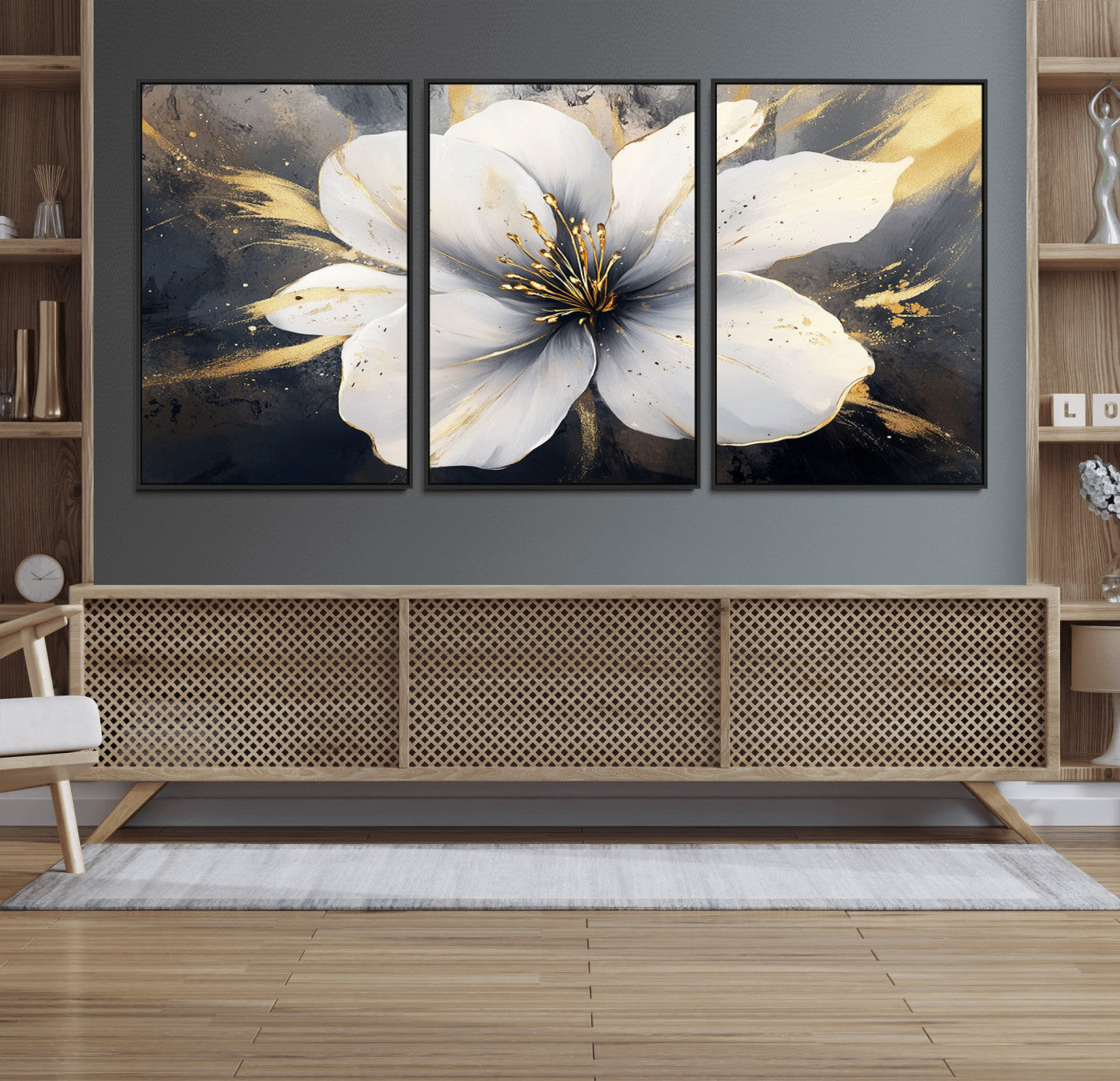 19910-MGV-FC-60X30-3P_Black-White Flower Wall Art Canvas Print | Ready to Hang | Abstract Floral Wall Decor | Elegant Bloom