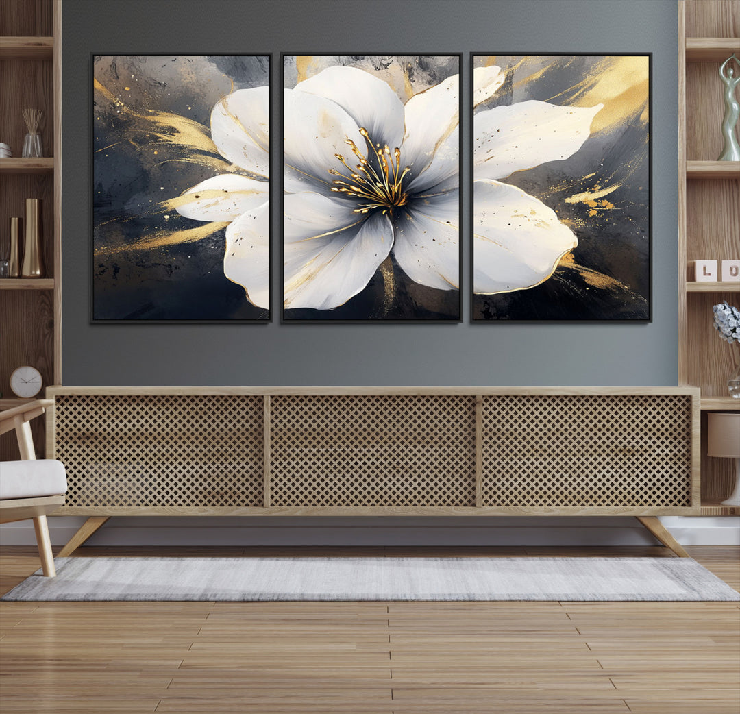 White Flower Wall Art | Canvas Print | Ready to Hang | Abstract Floral Wall Decor | Elegant Bloom Artwork | Framed for Living Room or Bedroom