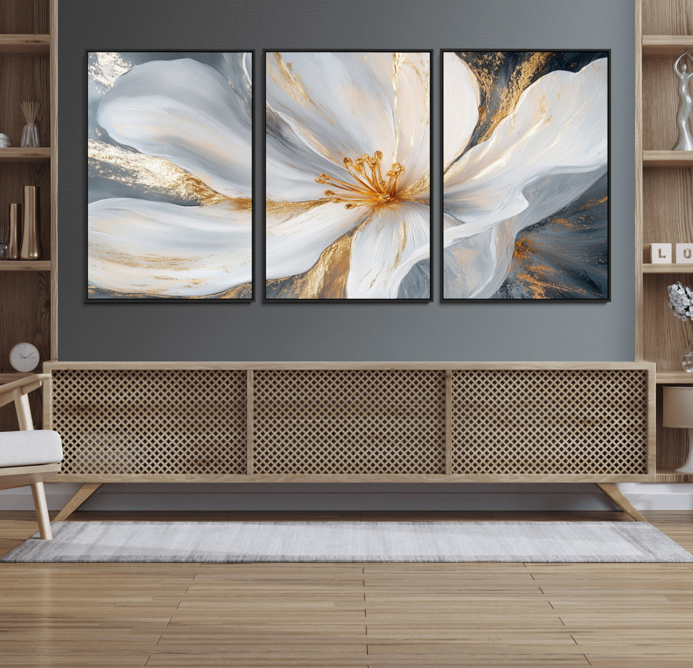 83149-MGV-FC-60X30-3P_Black-White and Gold Floral Canvas Wall Art - Framed and Ready to Hang - Perfect for Modern Living Rooms