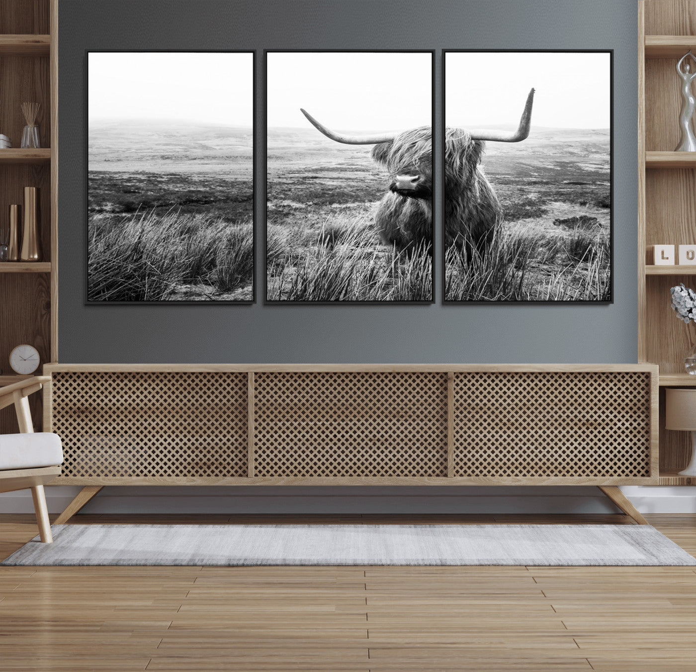 MGV-FC-60X30-3P - Scottish Highland Cow Wall Art | Black and White Canvas Print | Ready to Hang and Framed | Rustic