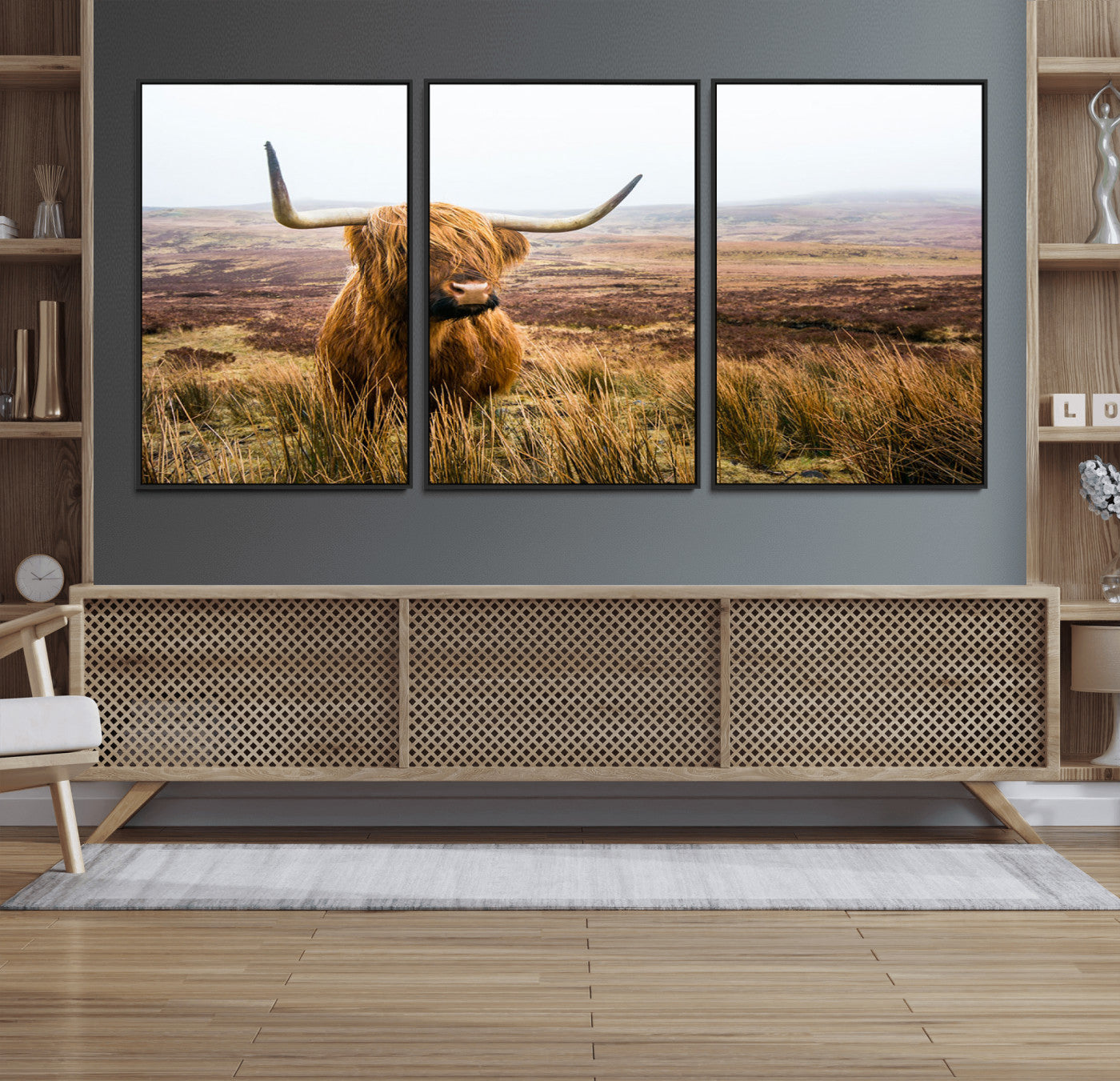 97274-MGV-FC-60X30-3P_Black-Scottish Highland Cow Canvas Wall Art – Rustic Farmhouse Charm with Highland Cattle – Ready to Hang