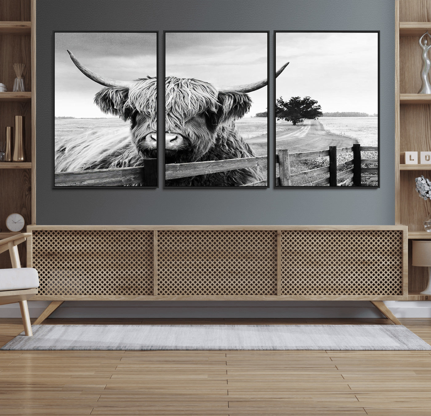 46054-MGV-FC-60X30-3P_Black-Scottish Highland Cow Wall Art | Rustic Farmhouse Décor | Black and White Ready to Hang Canvas Print
