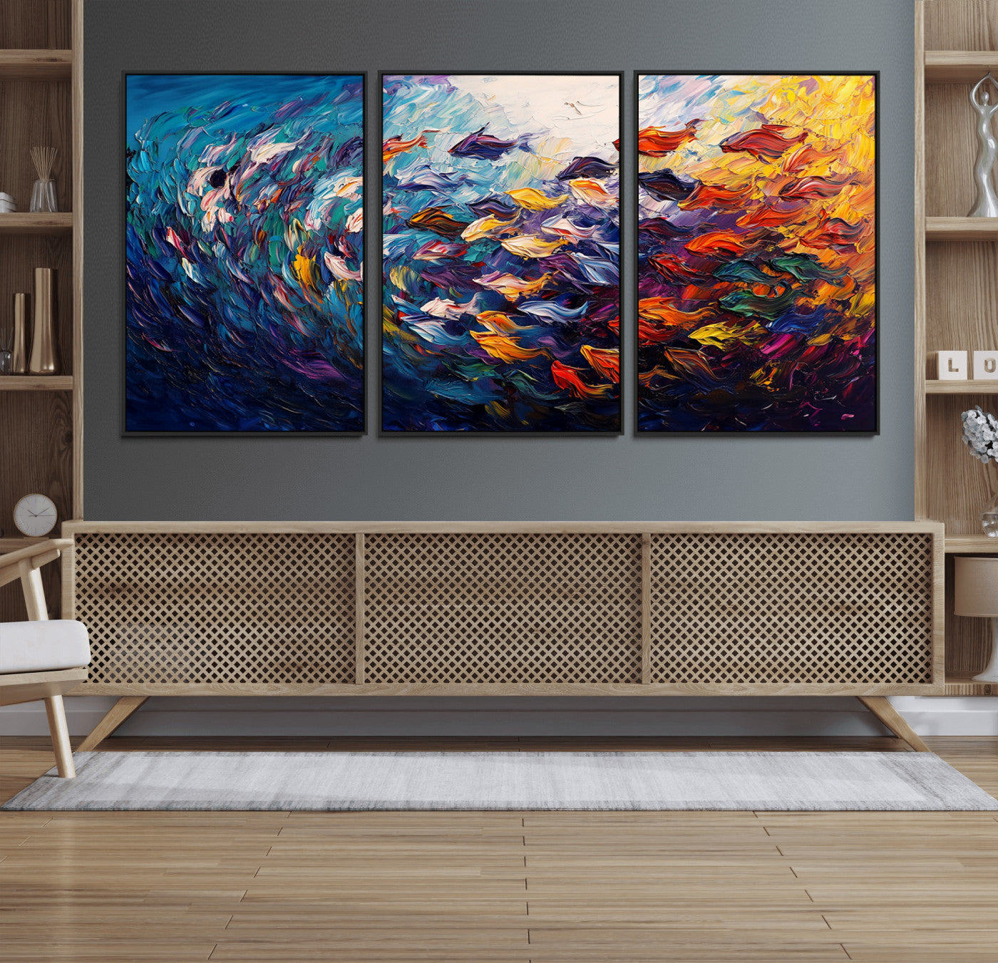 MGV-FC-60X30-3P - Vibrant Abstract Fish Swarm Art – Colorful Fish Inspired 3-Piece Canvas Wall Art for Living Room or