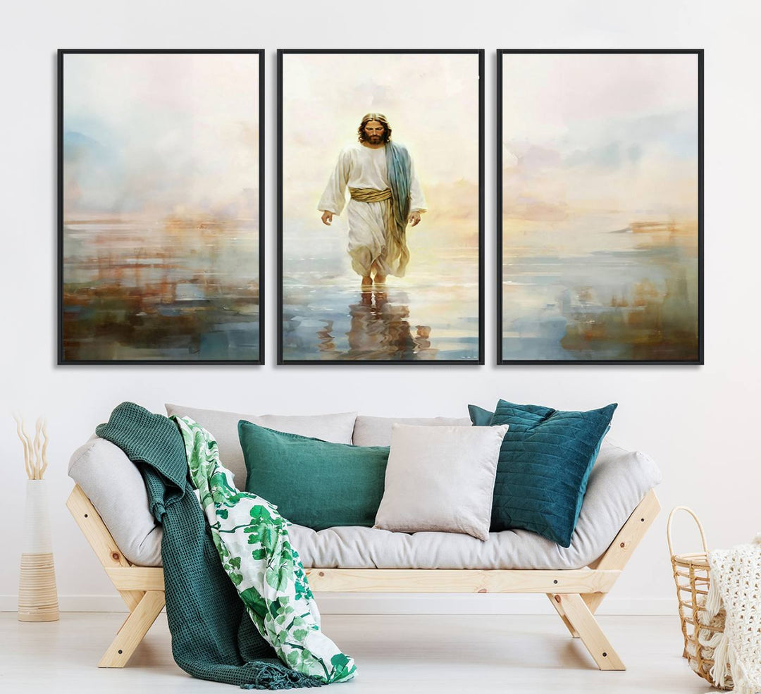 The 3-panel Framed Jesus Walking on Water Wall Art showcases a serene religious scene.