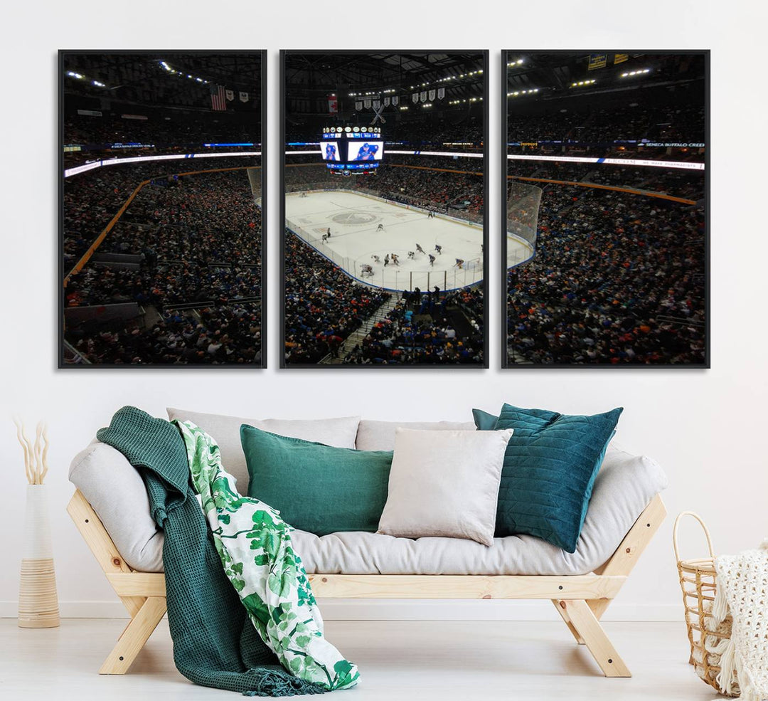 The wall art captures the essence of a Buffalo Sabres game on ice at KeyBank Center, making it deserving of a premium canvas print.