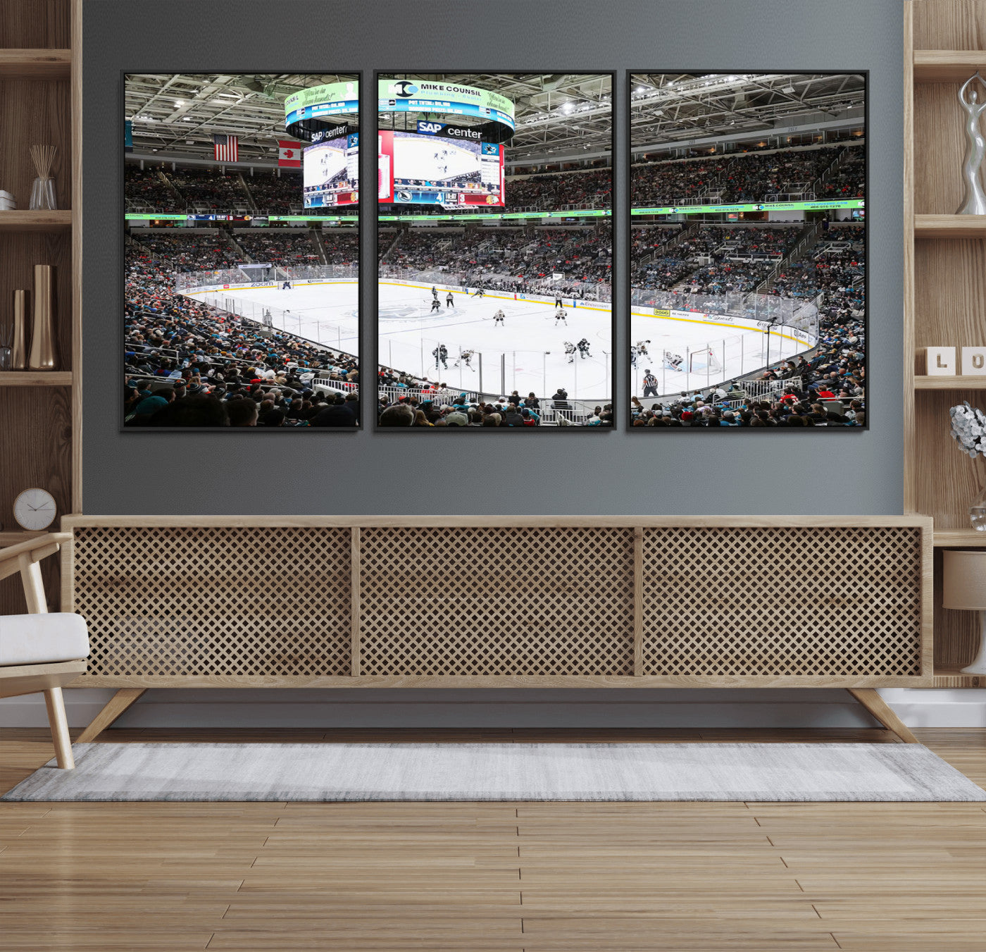87538-MGV-FC-60X30-3P_Black-Sharks Arena Blackhawks Sharks Ice Hockey Stadium Wall Art Canvas Print, Framed Blackhawks Sharks