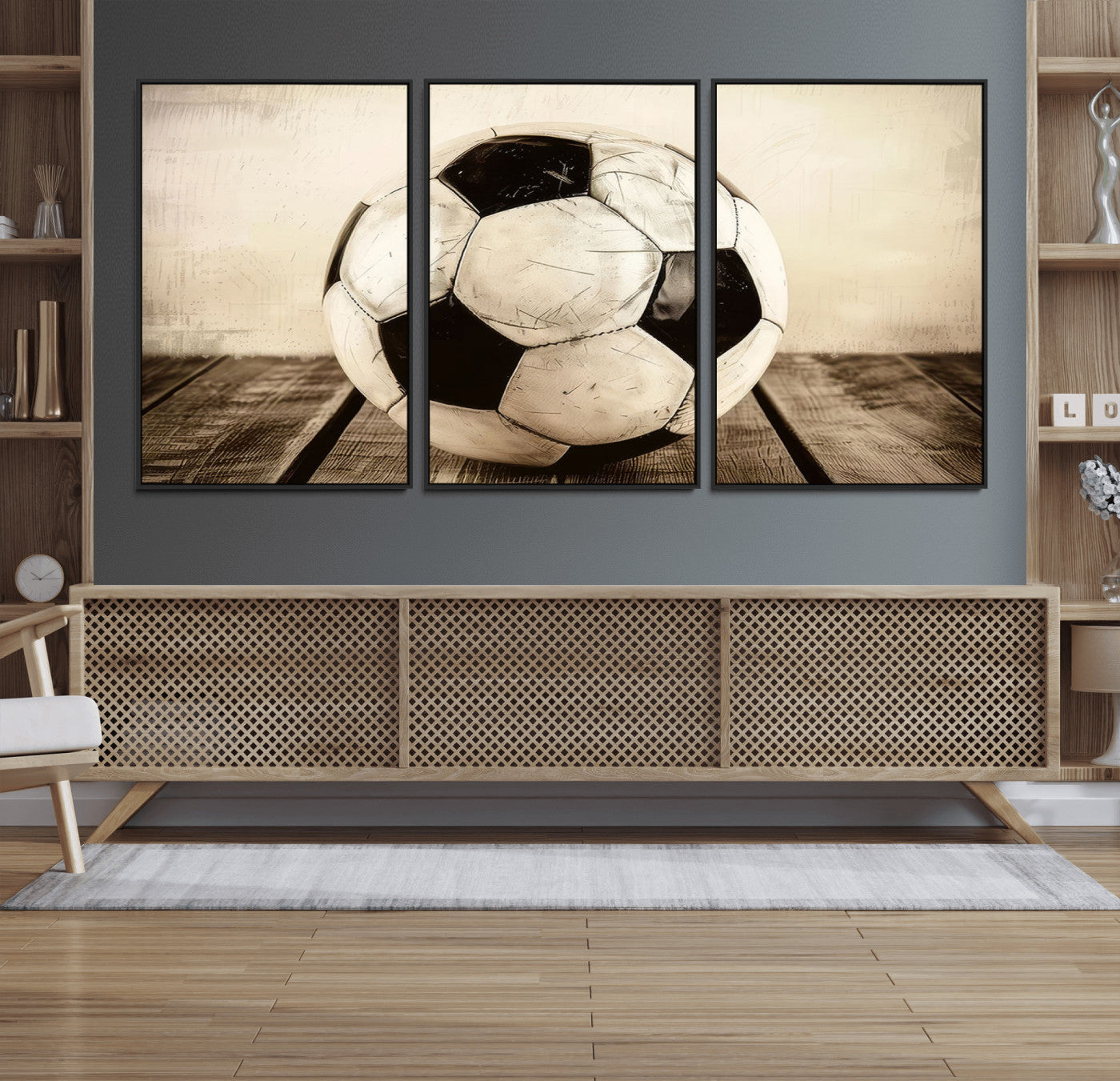 24319-MGV-FC-60X30-3P_Black-Vintage Soccer Ball Wall Decor Canvas Art – 3-Panel Soccer Wall Decor, Framed and Ready to Hang