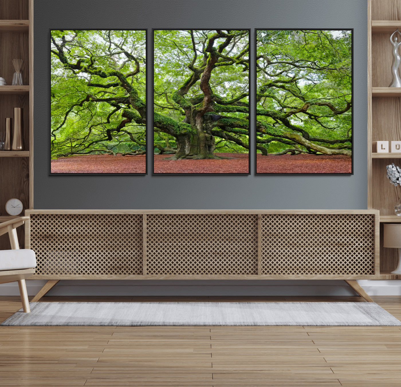 MGV-FC-60X30-3P - Framed Angel Oak Tree Wall Art - 3-Panel Canvas Prints, Large Green Nature Artwork, Ready to Hang