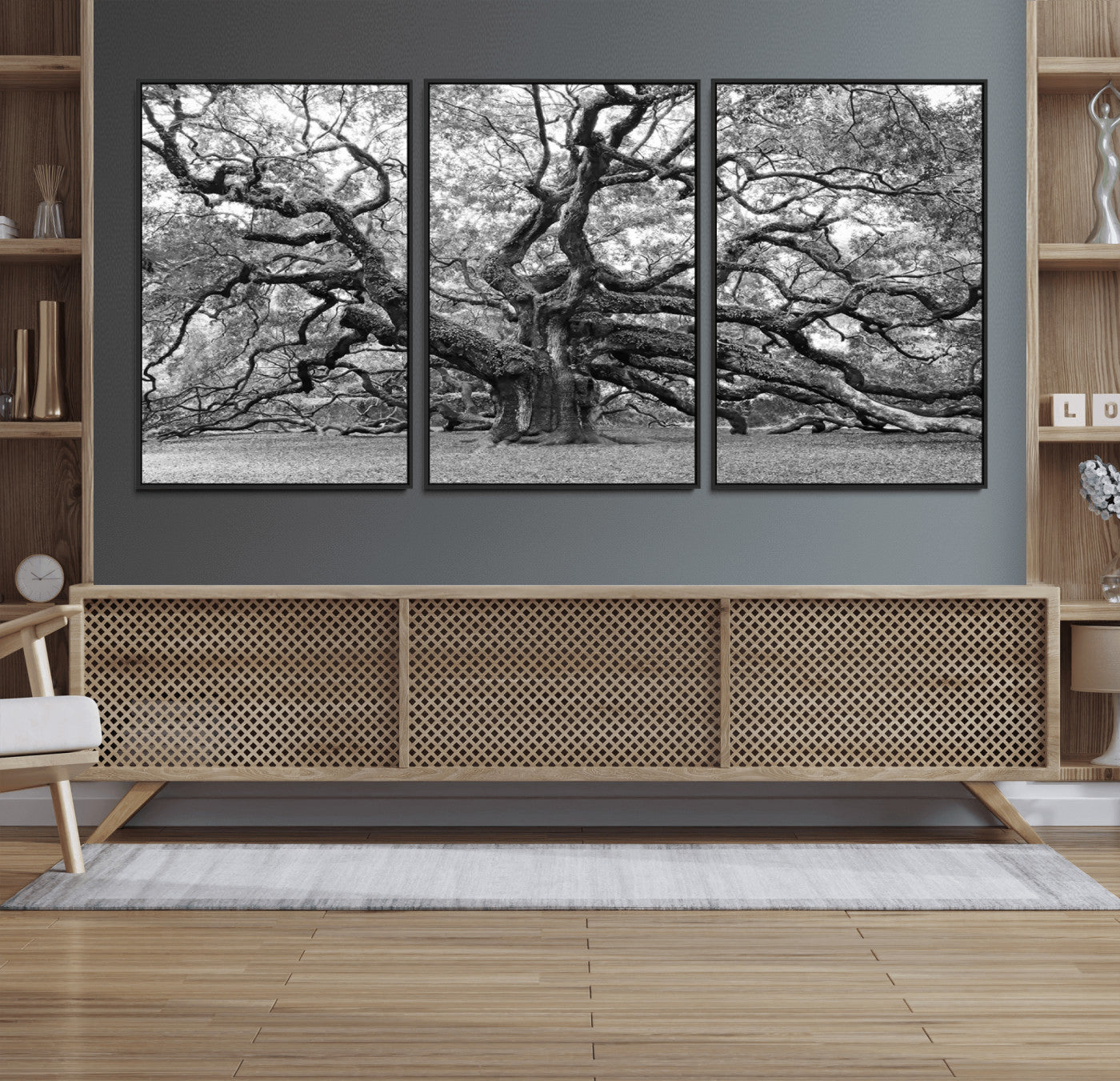 MGV-FC-60X30-3P - Black White Angel Oak Tree Wall Art - Timeless Nature-Inspired Canvas for Rustic, Modern, or