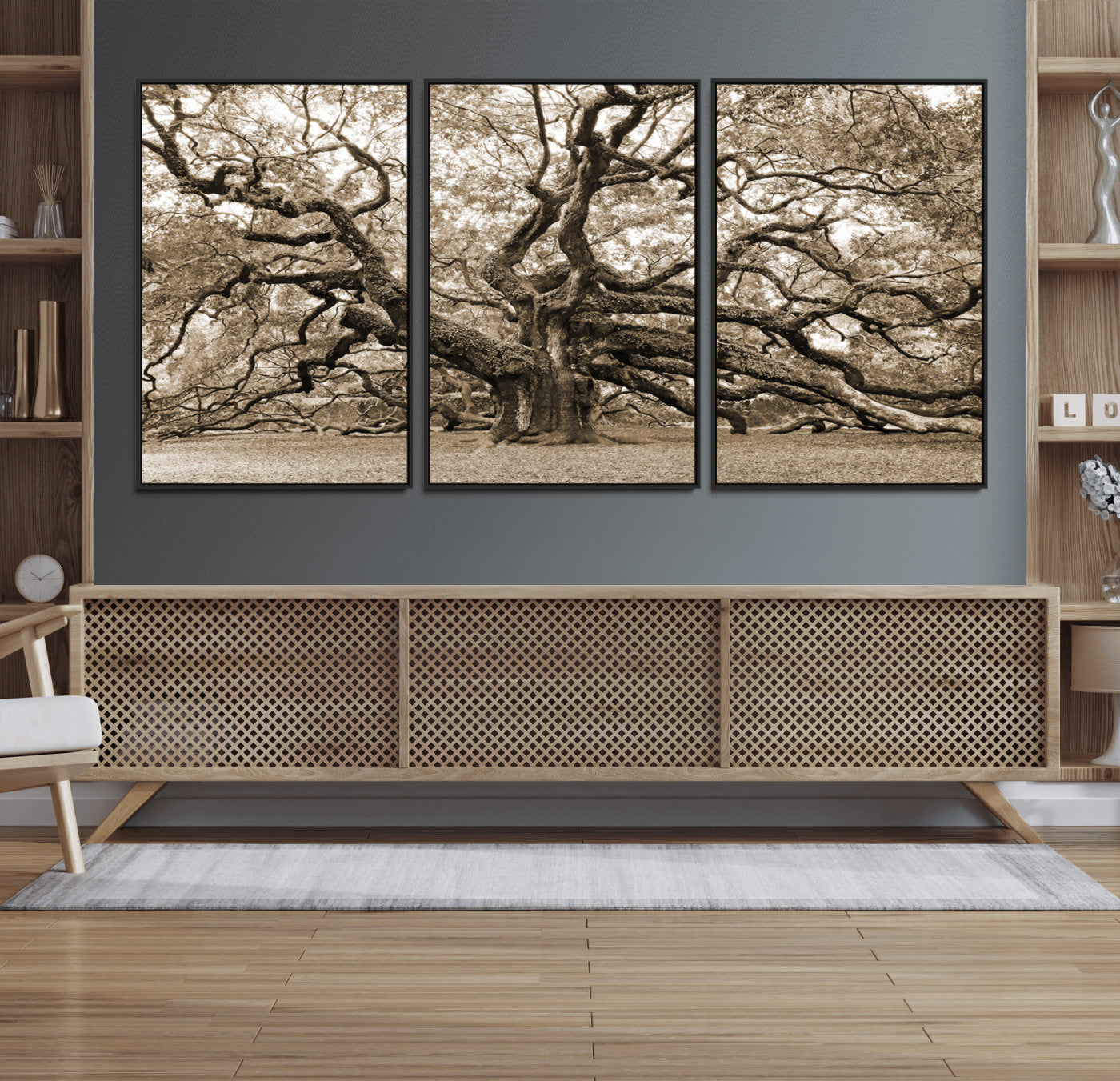 MGV-FC-60X30-3P - Sepia Framed Angel Oak Tree Wall Art - 3-Panel Canvas Prints, Large Green Nature Artwork, Ready to