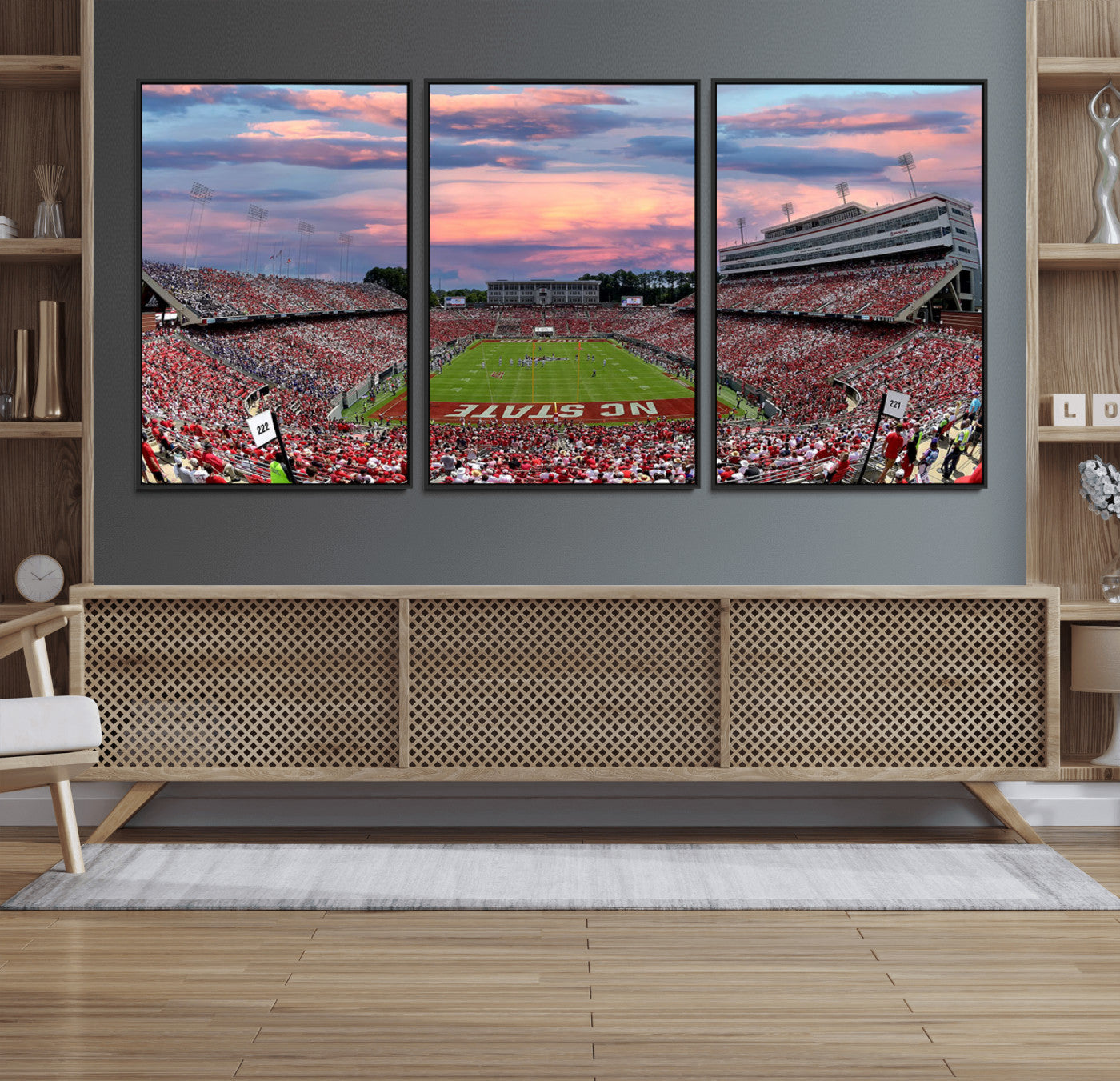 75072-MGV-FC-60X30-3P_Black-Carter-Finley Stadium Art Sunset Game Triple Canvas Wall Art - NC State Wolfpack Football Match