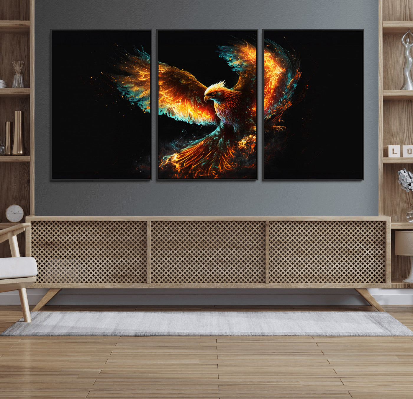 94554-MGV-FC-60X30-3P_Black-Fiery Phoenix Canvas Print | Ready to Hang Wall Art | Bold Fantasy Decor for Living Room | Majestic