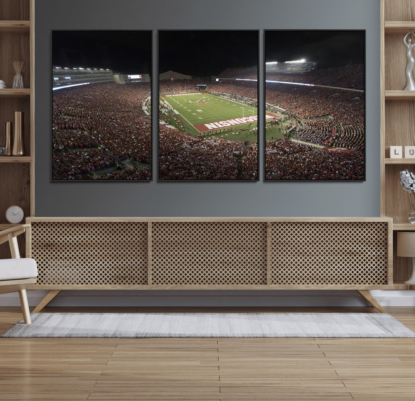 42403-MGV-FC-60X30-3P_Black-Wisconsin Badgers Football Team Print - Madison Camp Randall Stadium Wall Art Canvas Print