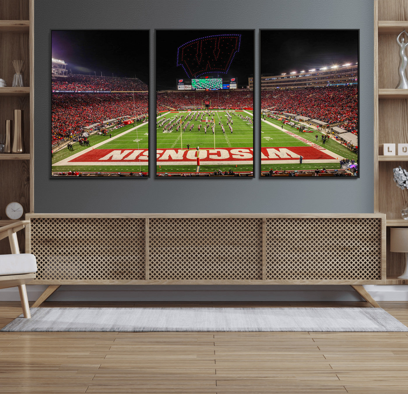 34125-MGV-FC-60X30-3P_Black-Wisconsin Badgers Football Team Print Canvas- Madison Camp Randall Stadium Wall Art Canvas Print