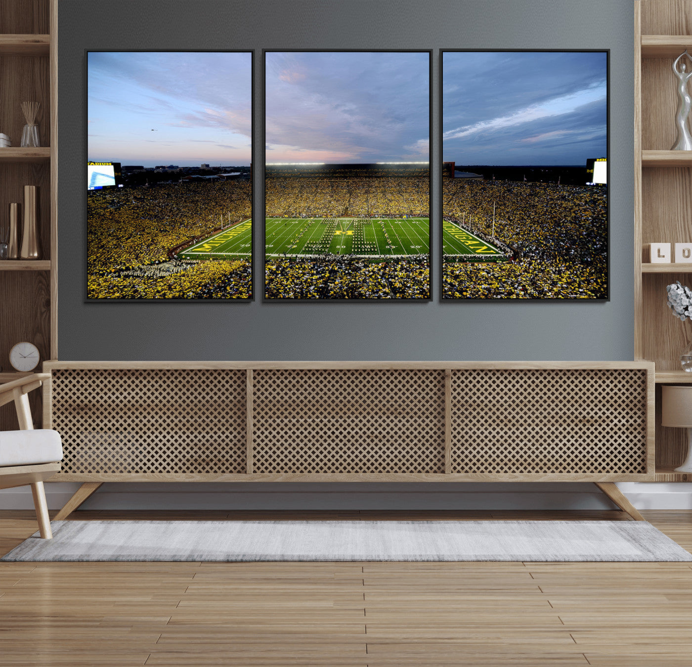 82641-MGV-FC-60X30-3P - Michigan Stadium Wall Art Canvas Print, Vibrant Game Day Crowd and Sunset Sky Football Field Artwork for Home, Office