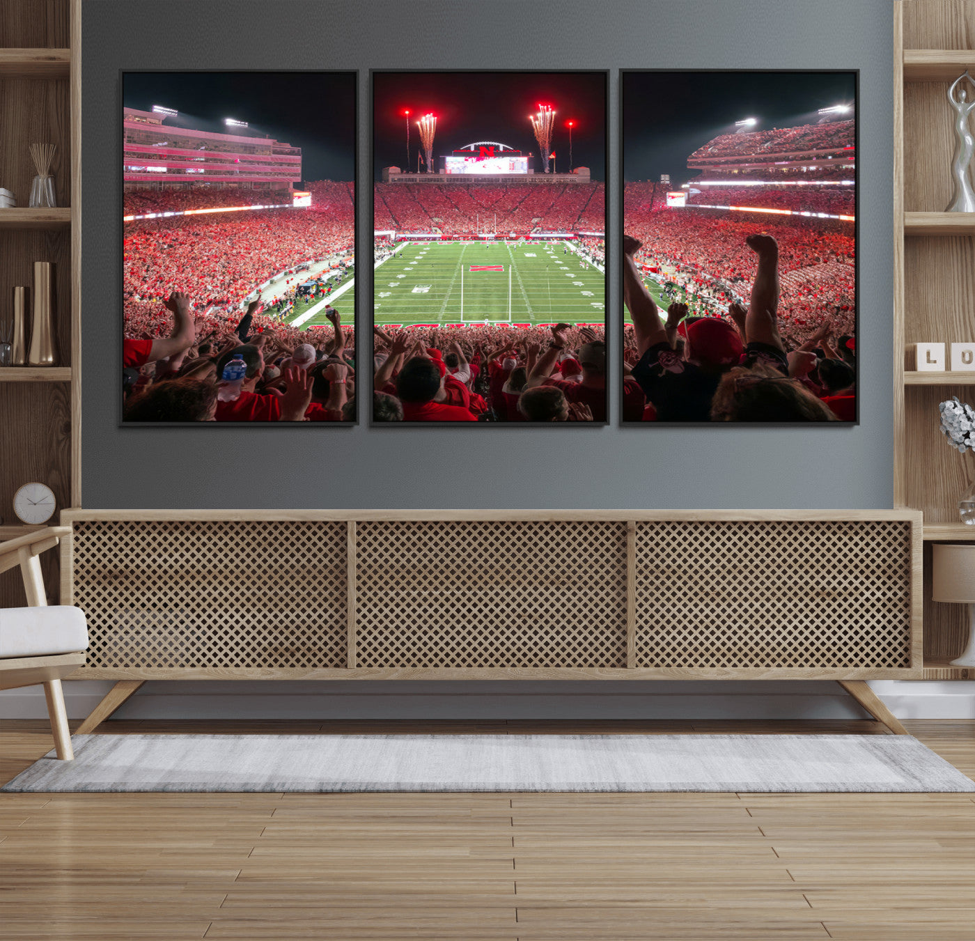43351-MGV-FC-60X30-3P_Black-University of Nebraska Cornhuskers Football Team Print - Lincoln Memorial Stadium Wall Art Canvas