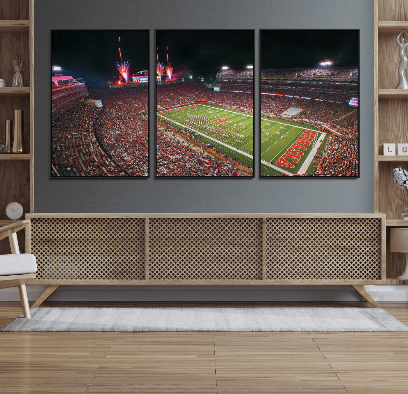51773-MGV-FC-60X30-3P_Black-University of Nebraska Cornhuskers Football Team Print - Lincoln Memorial Stadium Wall Art Canvas