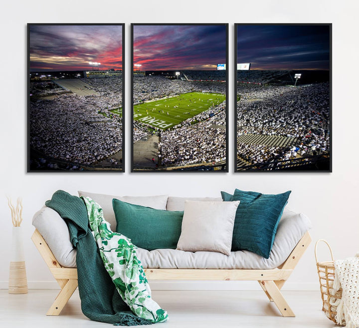 A sunset print on a canvas wall art piece captures the scene of white-clad fans at Beaver Stadium for the Nittany Lions game.