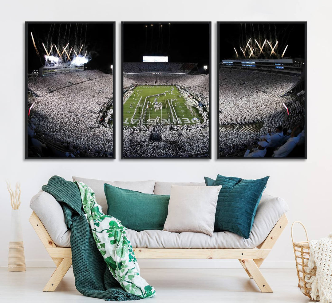 Wide-angle print of a packed stadium with fireworks, ideal gallery-quality wall art - Penn State Nittany Lions Canvas.