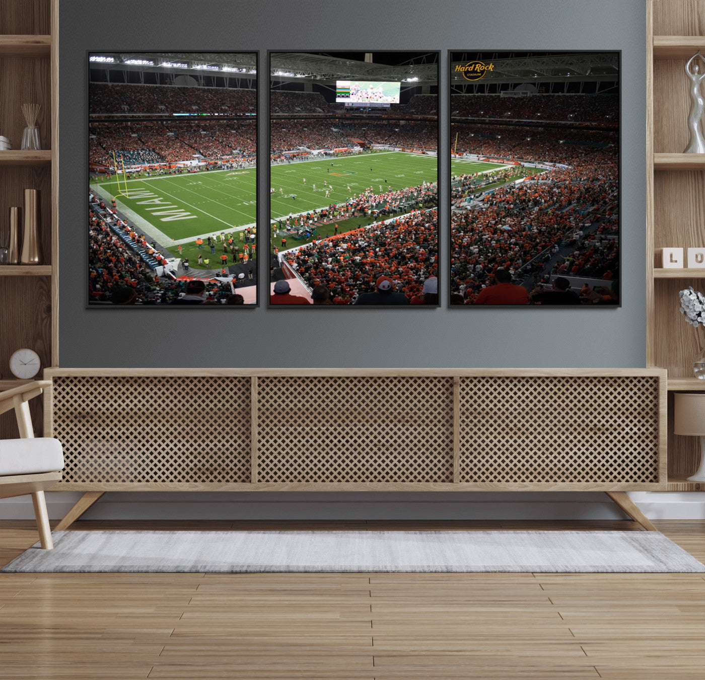 33698-MGV-FC-60X30-3P_Black-Miami Hurricanes Football Team Print Canvas- Miami Hard Rock Stadium Wall Art Canvas Print