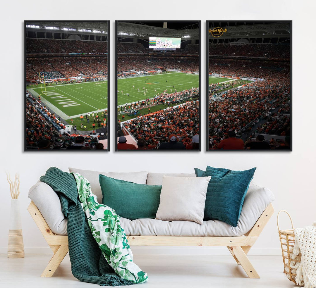 Aerial view of a Miami Hurricanes game at Hard Rock Stadium captured on canvas print, showcasing the teams on the field and fans in the stands.