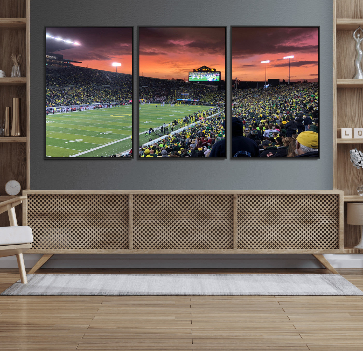 75065-MGV-FC-60X30-3P_Black-Eugene Autzen Stadium Canvas Wall Art Print – Sunset Over Iconic Football Field Wall Decor for Home