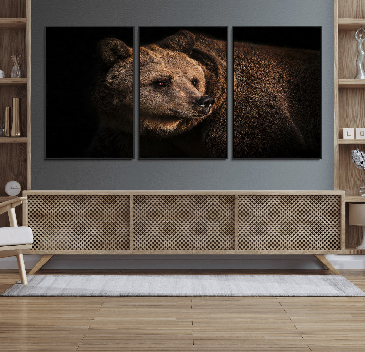67744-MGV-FC-60X30-3P_Black-Wild Grizzly 399 Bear Canvas Wall Art Print, Bear Animal Canvas Artwork Print, Black Bear Wall Art