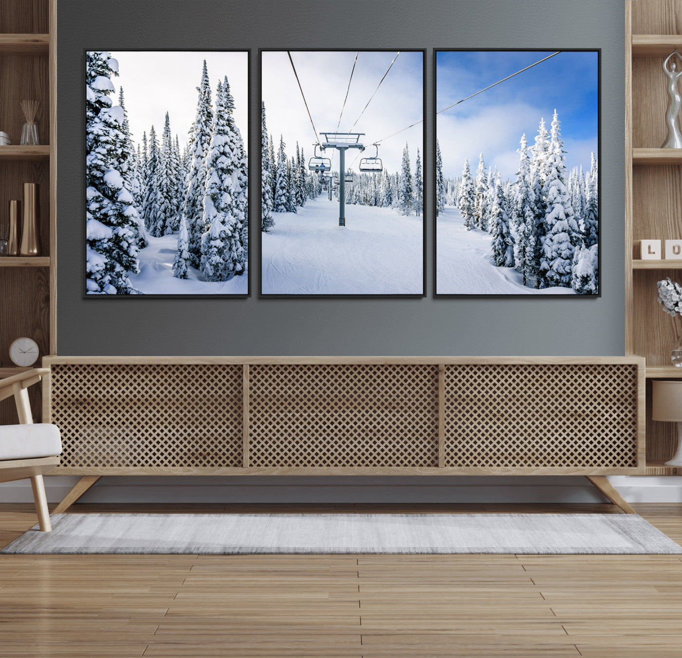 MGV-FC-60X30-3P - Winter Ski Lift Wall Art Print - Landscape Wall Art | Snowy Mountain Adventure | Perfect for Cabin
