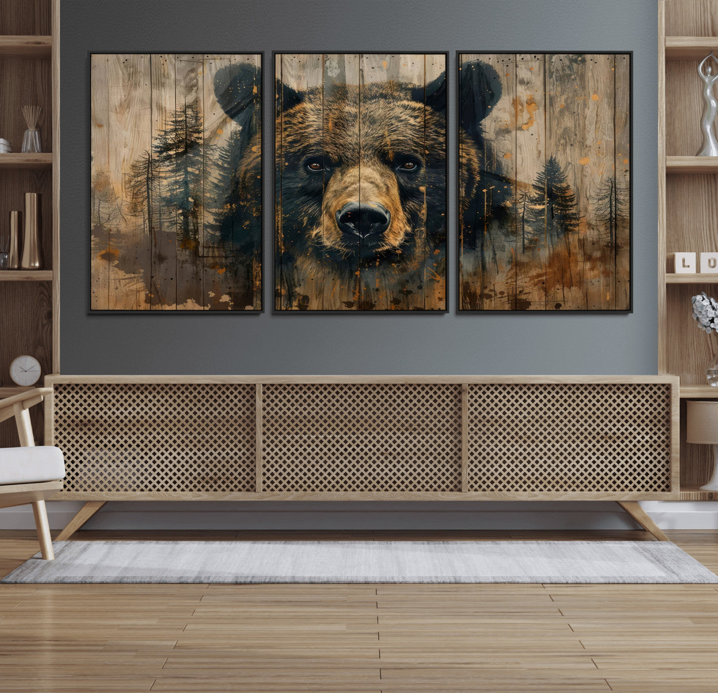 MGV-FC-60X30-3P - Abstract 399 Bear Wall Art | Rustic Cabin Wall Decor with Forest Design | Framed and Ready to Hang |