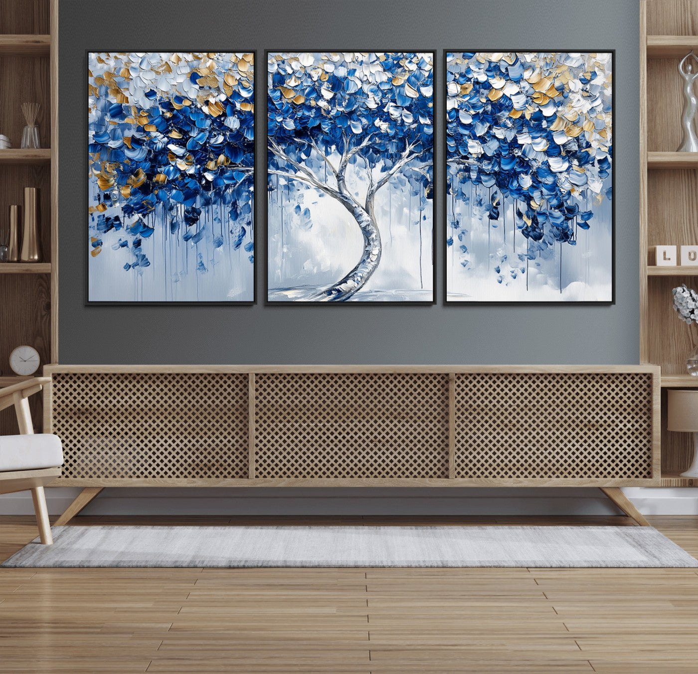 MGV-FC-60X30-3P - Blue and Gold Abstract Tree Wall Art Canvas Print | Modern Tree of Life Painting | Framed Canvas