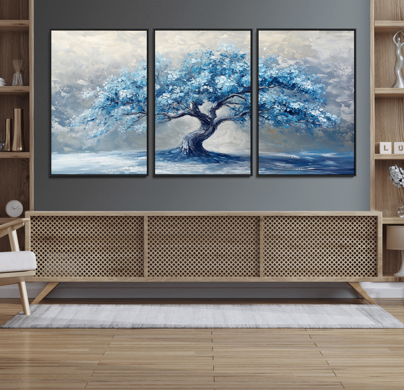 56105-MGV-FC-60X30-3P_Black-Abstract Blue Tree Art Canvas Print, Majestic Tree Wall Art Print for Farmhouse Decor