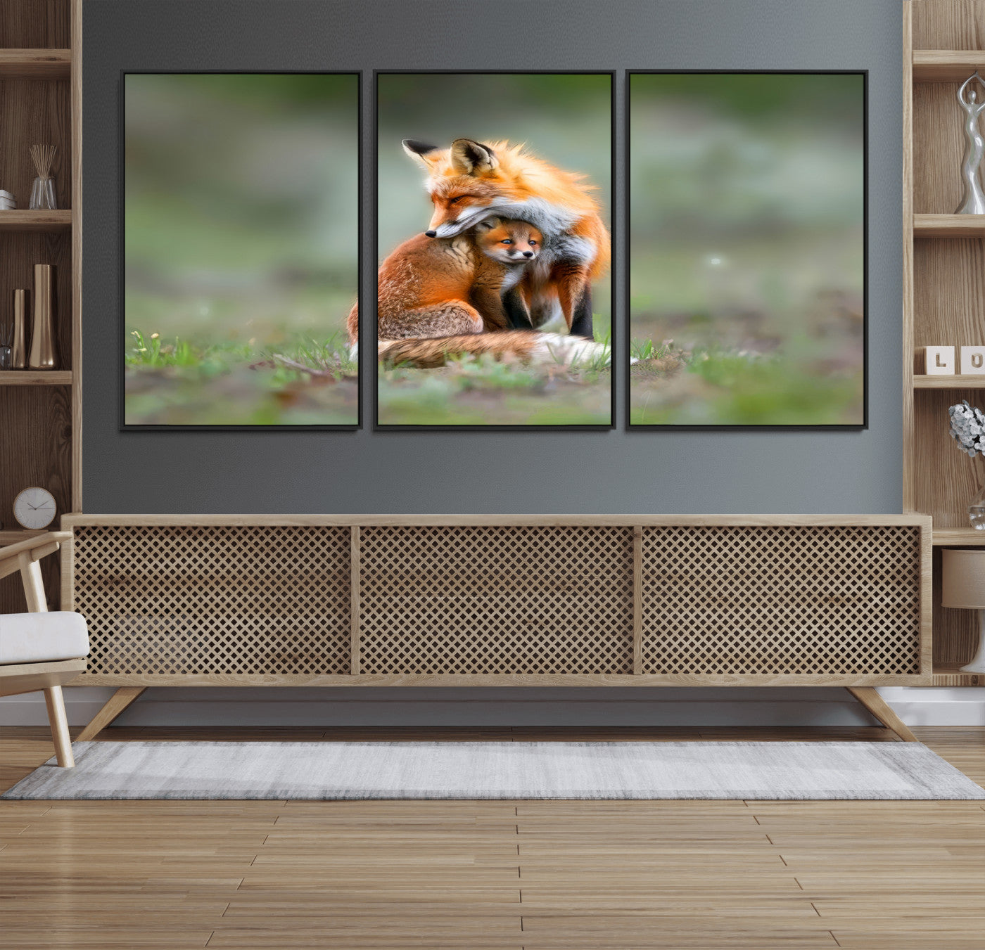 38607-MGV-FC-60X30-3P_Black-Heartwarming Fox and Baby Cub Wall Art | Ready to Hang Canvas Print of Foxes in Nature | Perfect for
