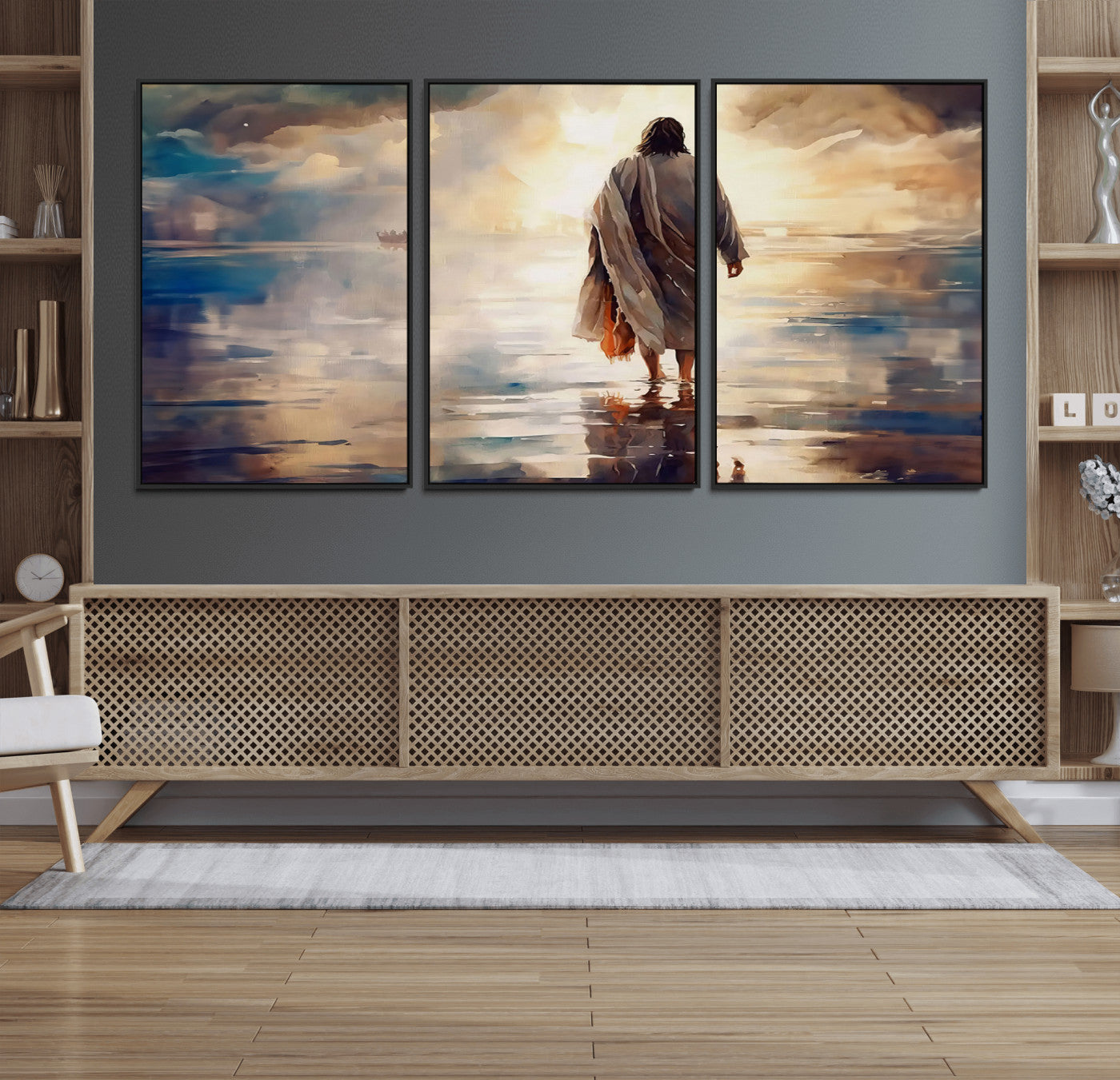 29769-MGV-FC-60X30-3P_Black-Jesus Walking on Water Wall Art | Ready to Hang Spiritual Triptych Canvas Print | Inspirational