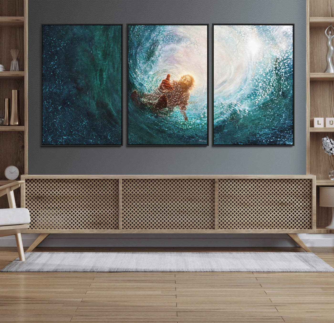 30368-MGV-FC-60X30-3P_Black-Powerful Jesus Canvas Print - Hand of Salvation, Inspirational Wall Art - Framed, Ready to Hang for