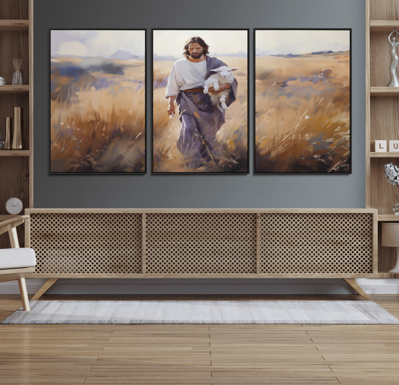 15645-MGV-FC-60X30-3P_Black-Jesus the Good Shepherd Wall Art Canvas Print - Lost Lamb Print for Prayer Room Decor