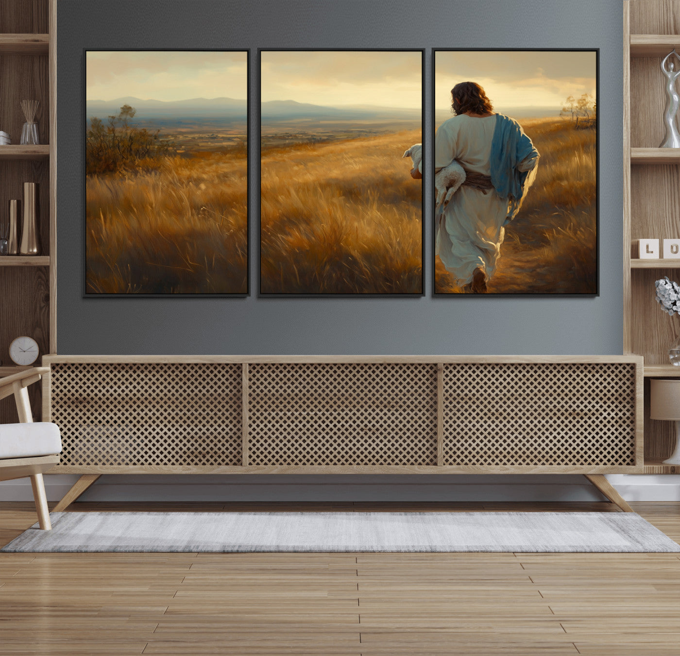 53029-MGV-FC-60X30-3P_Black-Jesus the Good Shepherd Wall Art Canvas Print - Inspirational Christian Religious Print for Prayer