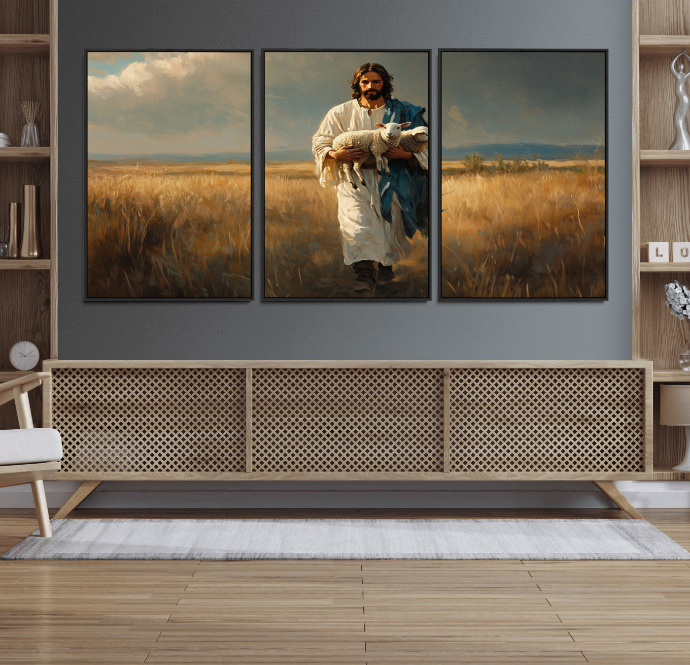36769-MGV-CV-36X24-Jesus Shepherd Wall Art | Ready to Hang Triptych Canvas of Jesus Holding a Lamb in a Field |